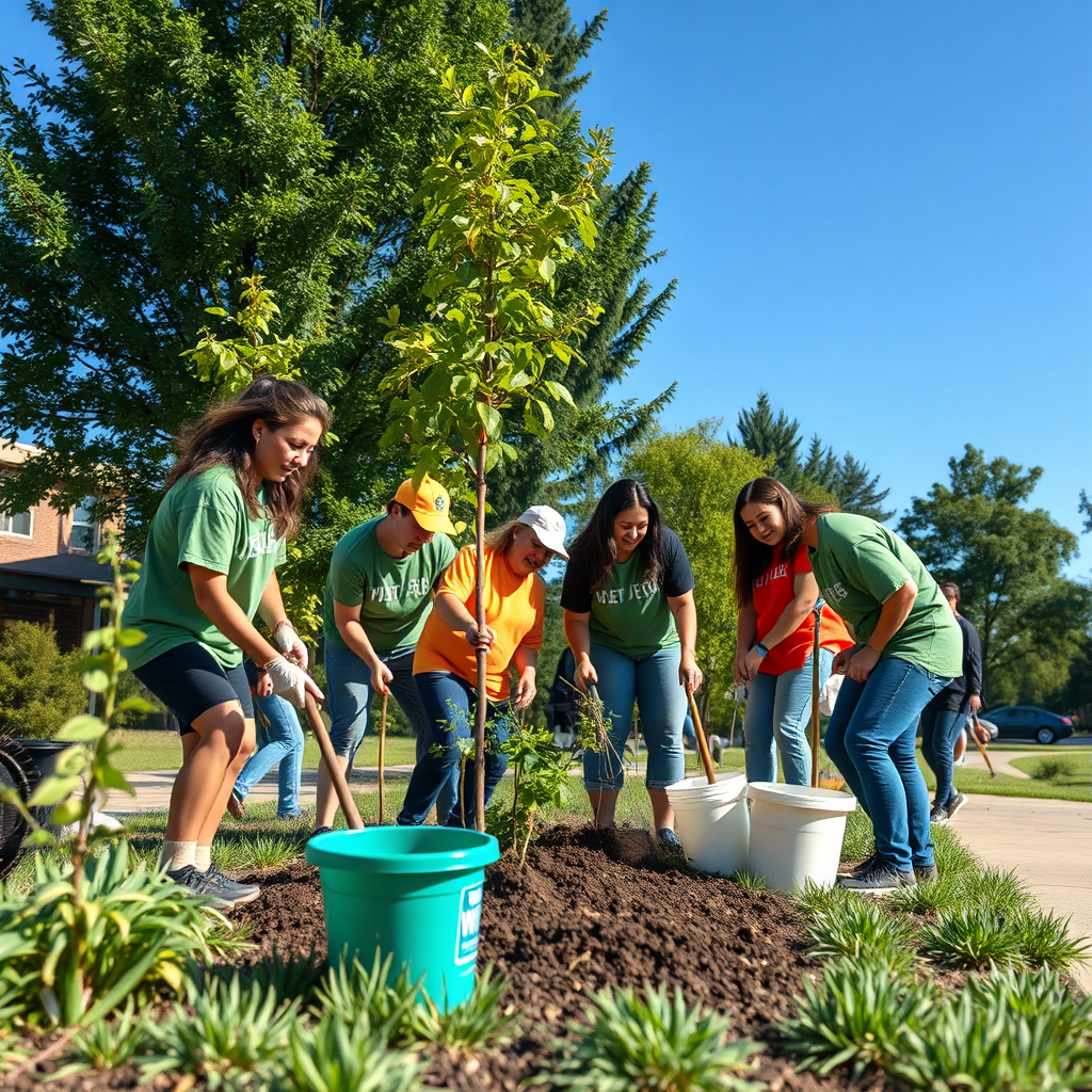 A group of volunteers working together on a community project, such as planting trees, painting a mural, or cleaning up a park. Focus on capturing the sense of teamwork and accomplishment. Photorealistic style, 4k resolution.