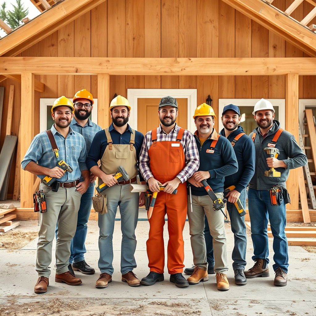 A group photograph of experienced carpenters standing proudly in front of a completed project. The carpenters are wearing professional attire and holding their tools. The lighting should be bright and even, highlighting the confidence and expertise of the team. The camera angle should be slightly low, capturing the entire team in a wide shot. The color palette should be warm and inviting, with natural tones dominating the scene. The overall style should evoke a feeling of professionalism and teamwork.