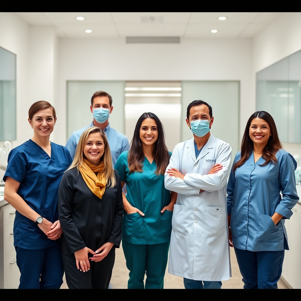 A group portrait of the dental team standing in a modern dental office. The dentists are smiling and wearing professional attire. The composition should convey confidence, expertise, and teamwork. Lighting should be natural and flattering. The background should be a clean and well-lit dental office. Color palette: blues, whites, and warm earth tones. Technical specs: 4K resolution, group portrait, professional lighting.