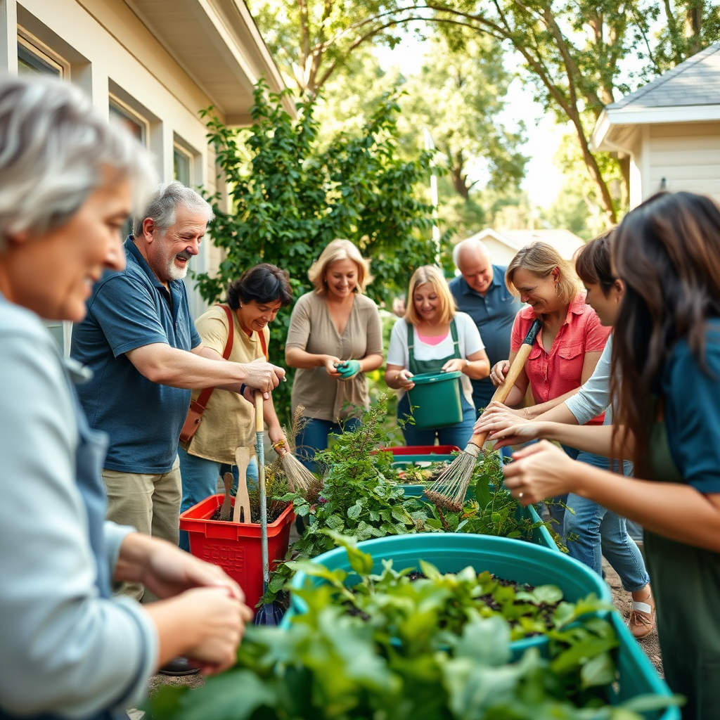 A heartwarming image depicting a group of neighbors helping each other with various tasks, such as gardening, painting, and repairing homes. The scene should be filled with camaraderie and goodwill, with bright lighting and cheerful colors. Focus on capturing the sense of community spirit, with details like the shared laughter, the helping hands, and the grateful expressions. The camera angle should be slightly low, emphasizing the teamwork and collaboration. Style: Documentary photography.