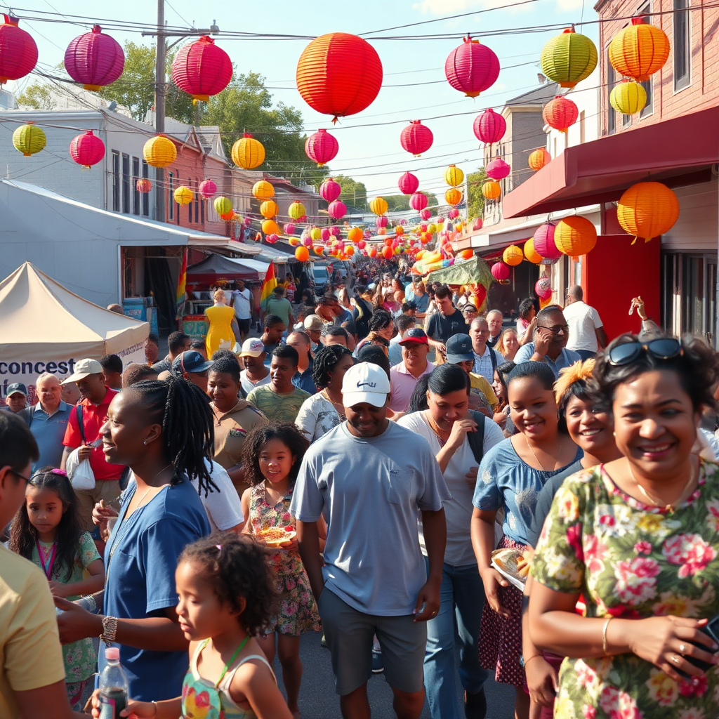 A lively image of a community festival with music, food, and activities for all ages. The scene should be filled with colorful decorations, smiling faces, and a sense of excitement. Focus on the diversity and vibrancy of the neighborhood. The camera angle should be a wide shot, capturing the entire festival and the surrounding neighborhood. Hyperrealistic textures and lighting.