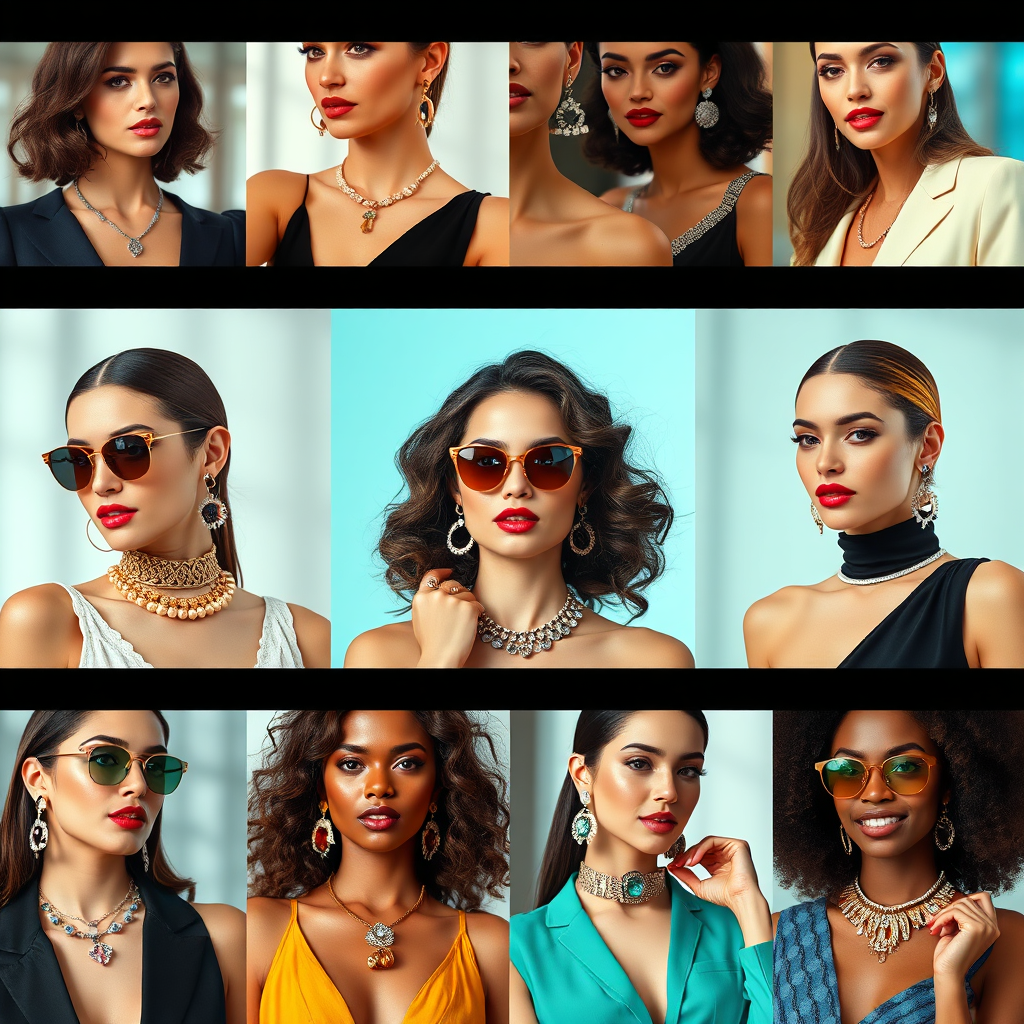 A montage of stylish women wearing the latest jewelry trends, showcasing a variety of styles and designs. The composition should be dynamic and visually engaging, with each woman representing a different trend. The lighting should be bright and fashionable, highlighting the jewelry and the women's style. The color palette should be vibrant and diverse, reflecting the latest fashion trends. The background should be blurred, focusing attention on the jewelry and the women. The style should be modern and trendy. Technical specs: 4K resolution, photorealistic.