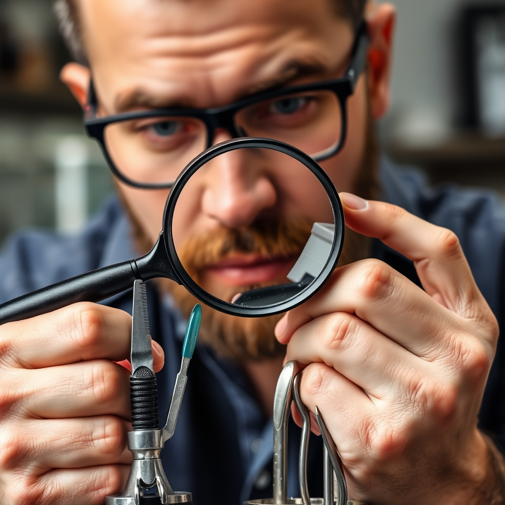 A person using a magnifying glass to examine a set of barbershop tools, proactively identifying potential issues. The image conveys diligence and thoroughness. Style: Detail-oriented, professional, and analytical.