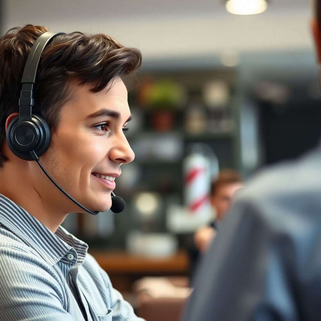 A person wearing a headset attentively listening to a customer. The background shows a blurred barbershop, indicating the customer's environment. The focus is on the person's expression, conveying empathy and understanding. Style: Natural, authentic, and relational.
