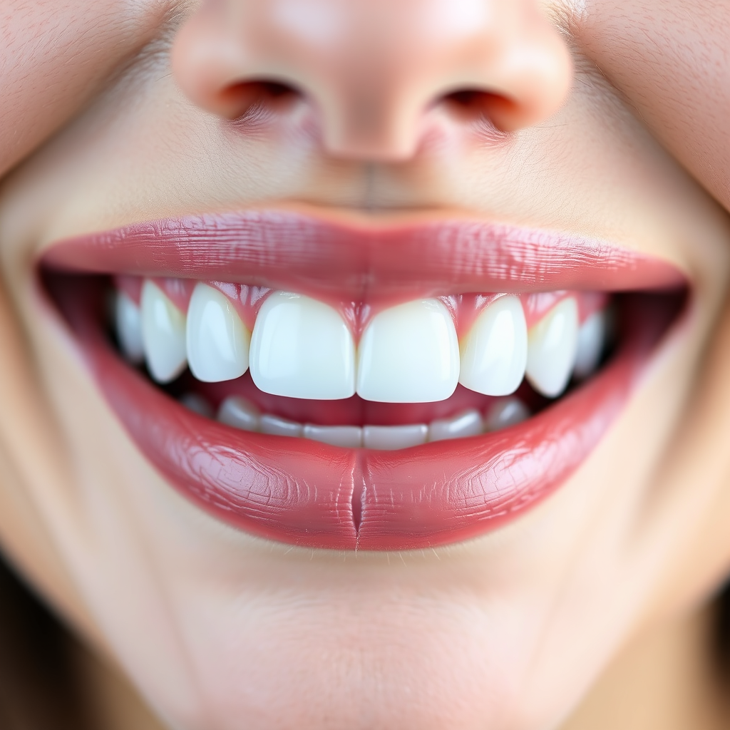 A photorealistic close-up image showcasing a set of perfectly aligned, bright white teeth after a cosmetic dentistry procedure. The focus should be on the aesthetics of the smile. Use soft, flattering lighting to highlight the teeth. Background should be blurred to keep the focus on the smile. Color palette: primarily whites and neutral tones. Technical specs: 4K resolution, macro photography, shallow depth of field.