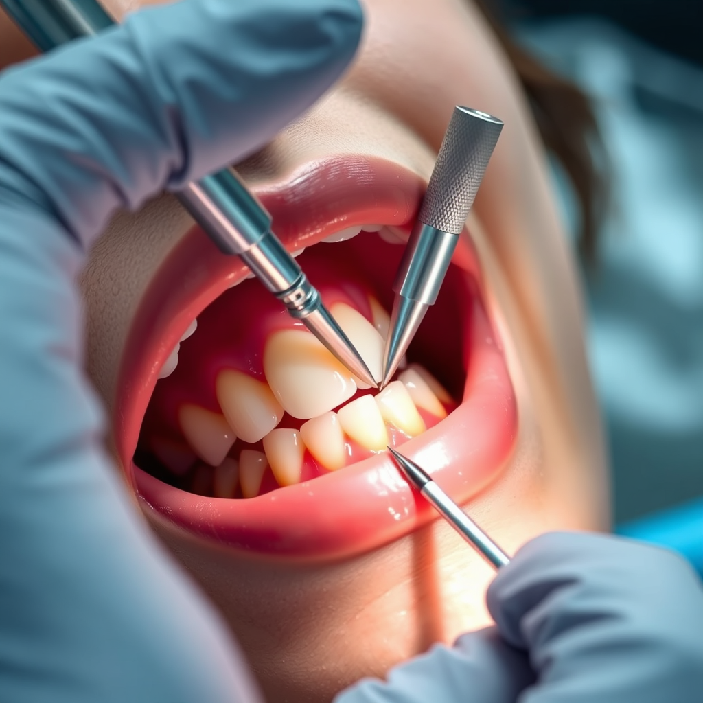 A photorealistic close-up image of a dentist placing a tooth-colored filling in a patient's molar. Emphasize the precision and artistry involved in the restoration process. Use bright, focused lighting to showcase the detail of the filling and the tooth. The background should be a blurred view of the dental tools and equipment. Color palette: whites, beiges, and subtle shades of dental materials. Technical specs: 4K resolution, macro photography, high detail.
