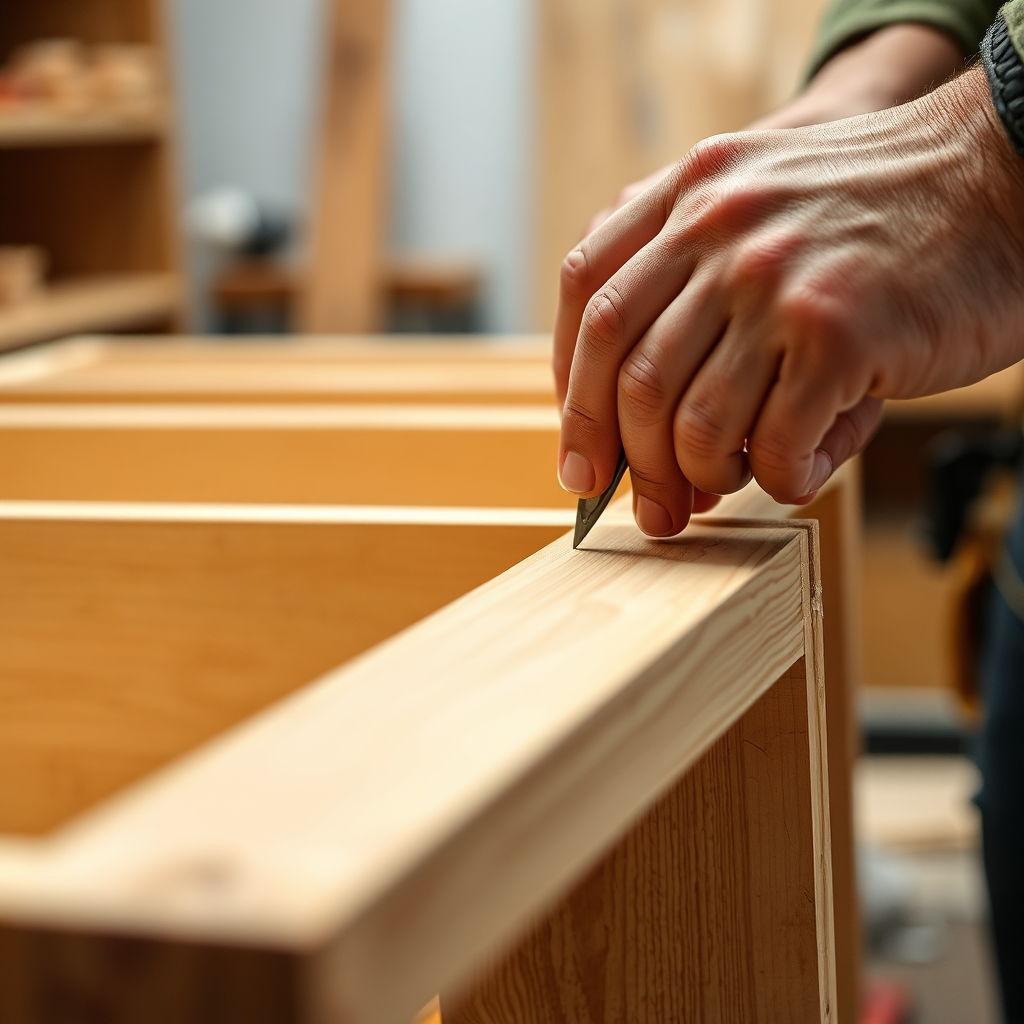 A photorealistic close-up shot of a carpenter's hands meticulously assembling a custom-built wooden bookshelf. The focus is on the precision and detail of the joinery, showcasing the craftsmanship involved. The lighting should be soft and diffused, highlighting the textures of the wood and the tools used. The camera angle should be slightly angled to emphasize the complexity of the design. The color palette should be warm and inviting, with natural wood tones dominating the scene. The background should be blurred to keep the focus on the hands and the bookshelf. The overall style should evoke a sense of craftsmanship and attention to detail.