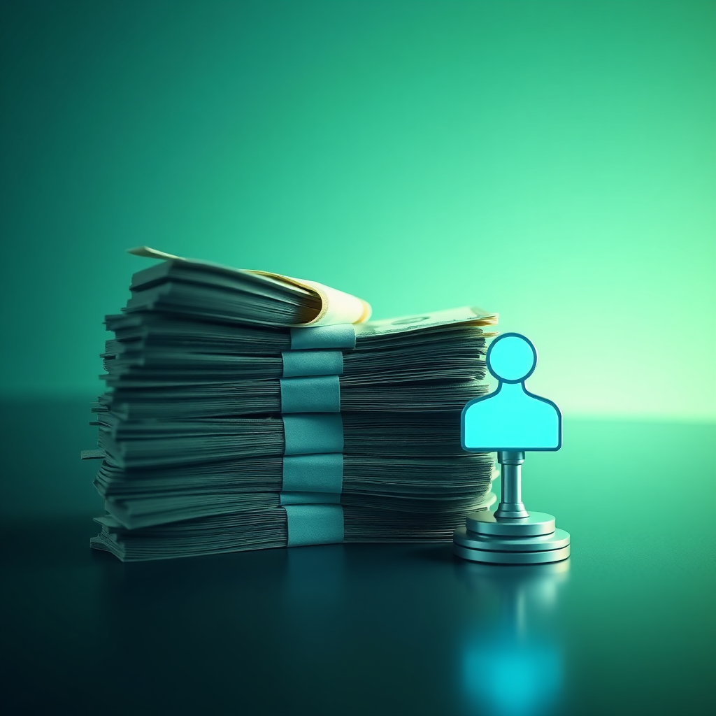 A photorealistic image comparing a stack of money (representing traditional agent costs) to a single, sleek AI agent icon. Lighting should highlight the contrast. Color palette: greens and blues. Camera angle: eye-level. Technical specs: 4K, realistic textures.