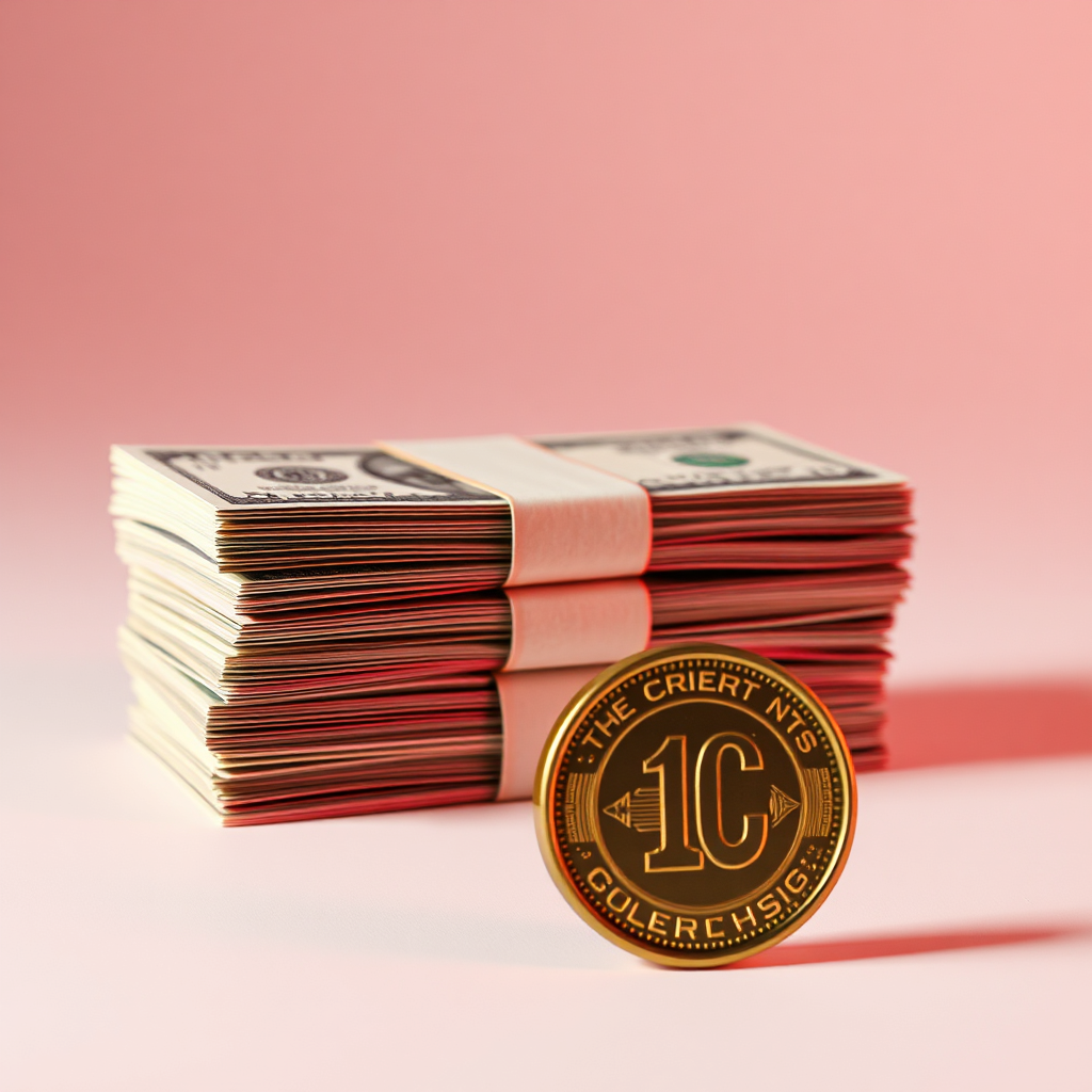 A photorealistic image comparing the cost of a human agent (represented by a stack of bills) to the cost of an AI agent (represented by a small coin). Lighting should emphasize the difference. Color palette: reds and greens. Camera angle: eye-level. Technical specs: 4K, realistic textures.