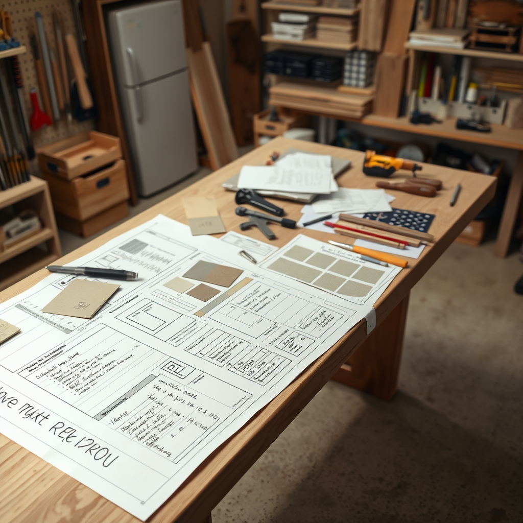 A photorealistic image depicting a well-organized carpenter's workspace with a detailed project plan laid out on a workbench. The plan includes blueprints, material samples, and handwritten notes. The workspace is clean and tidy, with various tools neatly arranged in their designated places. The lighting should be bright and even, highlighting the clarity and precision of the plan. The camera angle should be slightly angled to capture the entire workspace in a wide shot. The color palette should be muted and professional, with neutral tones dominating the scene. The overall style should evoke a sense of meticulous planning and attention to detail.
