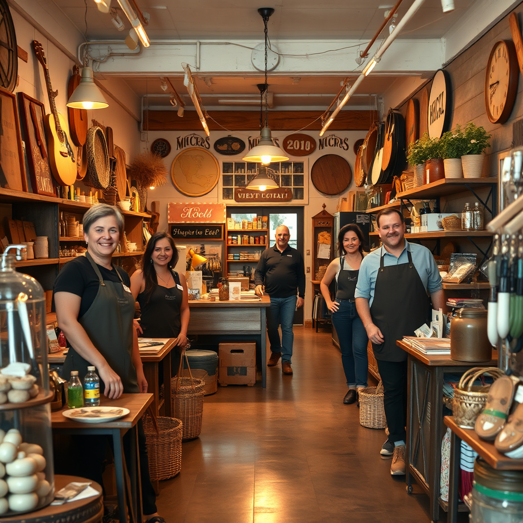 A photorealistic image depicting a bustling local business, showcasing a variety of products and services. The scene should be inviting and engaging, with warm lighting and friendly staff. Focus on capturing the unique character of the business, with details like the handcrafted items, the vintage decor, and the smiling faces of the employees. The color palette should be warm and inviting, with a mix of earthy tones and vibrant colors. The camera angle should be slightly wide, showcasing the entire scene. Style: Retail photography.