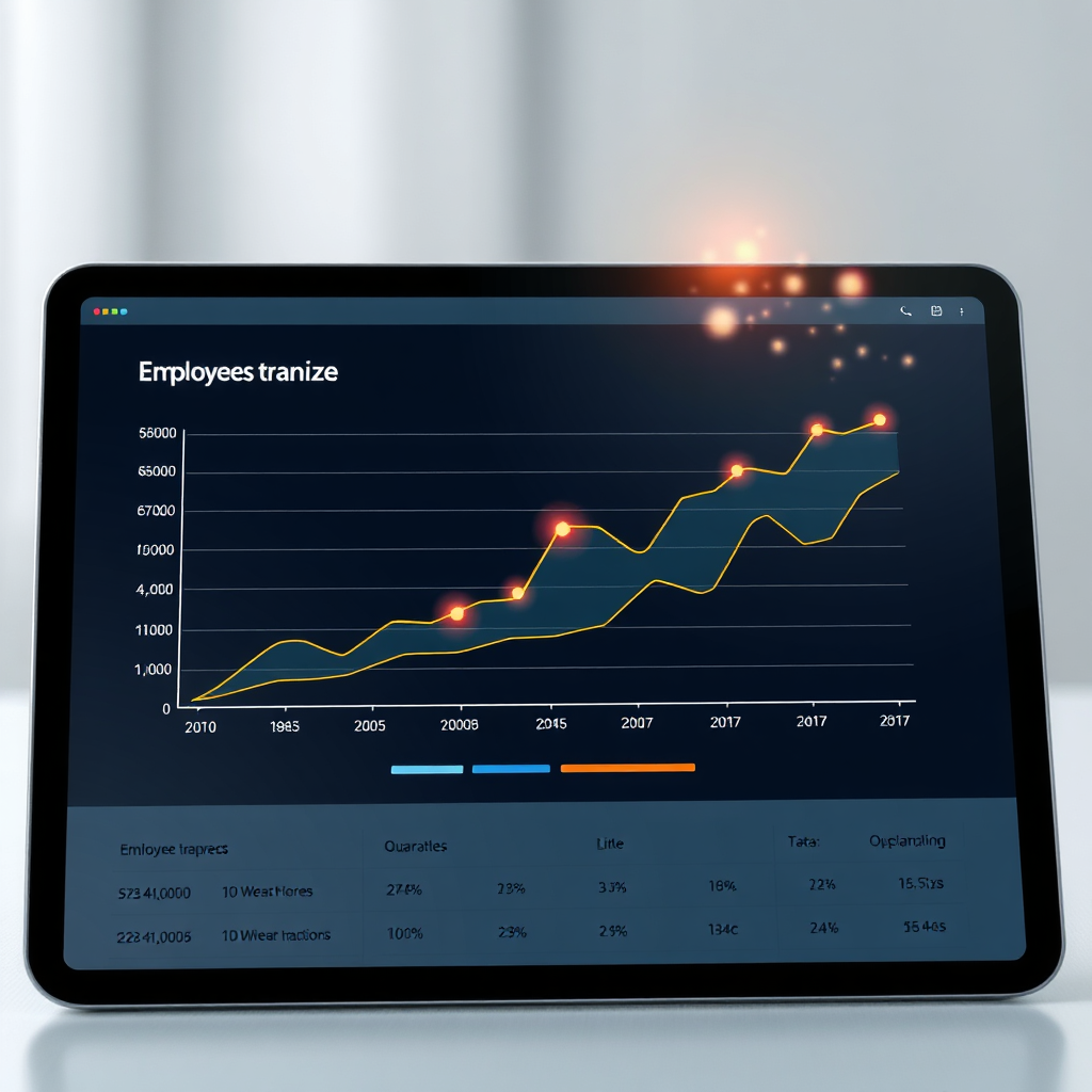 A photorealistic image depicting a line graph charting employee performance over several quarters, highlighting key milestones and areas for improvement. The graph should be displayed on a sleek tablet device with a user-friendly interface. Include a subtle overlay of data points represented as glowing particles. Style: Clean, professional data representation.