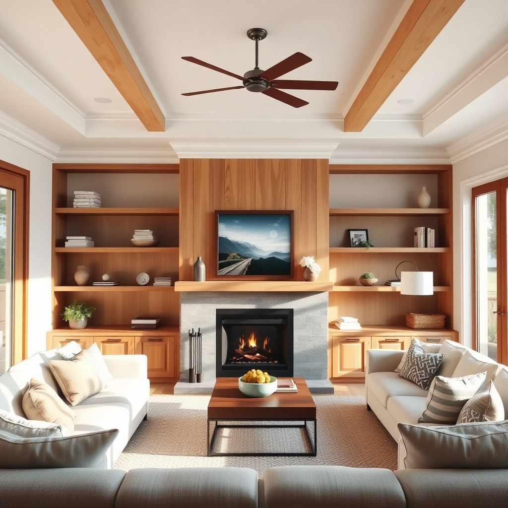A photorealistic image of a beautifully renovated living room with custom-built wooden shelves and a cozy fireplace. The room is bathed in warm, natural light, creating a comfortable and inviting atmosphere. The camera angle should be slightly low, capturing the entire room in a wide shot. The color palette should be warm and inviting, with natural wood tones and soft, neutral colors dominating the scene. The overall style should evoke a feeling of home and comfort.