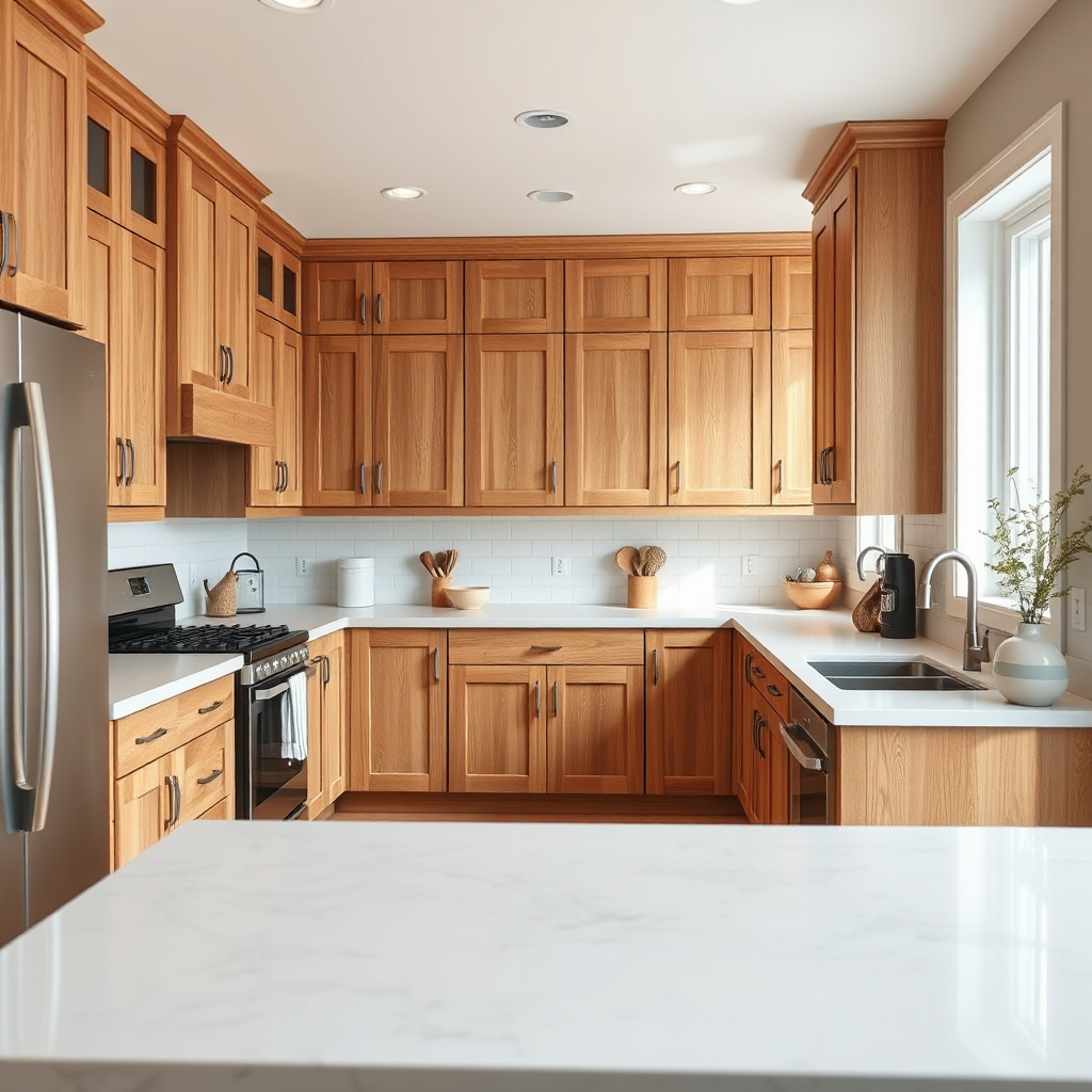 A photorealistic image of a beautifully renovated kitchen with custom-built wooden cabinets and countertops. The kitchen is bright and airy, with modern appliances and stylish decor. The camera angle should be slightly elevated, capturing the entire kitchen in a wide shot. The color palette should be warm and inviting, with natural wood tones and soft, neutral colors dominating the scene. The overall style should evoke a feeling of home and comfort.