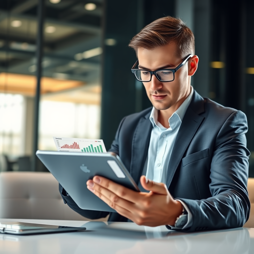 A photorealistic image of a business professional making strategic decisions based on data insights displayed on a tablet device. The lighting is focused and professional, emphasizing the importance of the decision-making process. Style: Modern business setting.