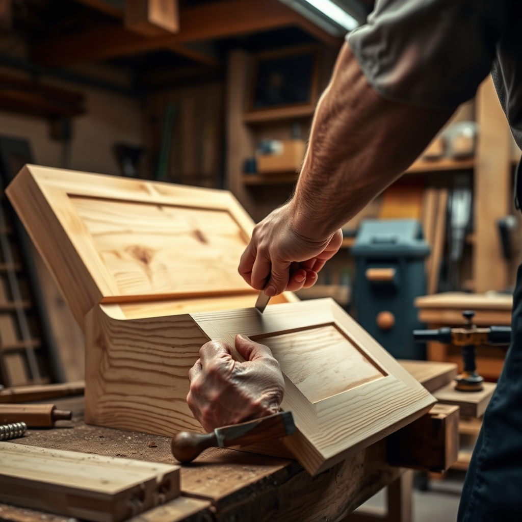 A photorealistic image of a carpenter working on a custom-built wooden cabinet in a well-equipped workshop. The focus is on the carpenter's hands as they carefully assemble the cabinet using traditional tools. The lighting should be soft and diffused, highlighting the craftsmanship involved. The camera angle should be close-up, capturing the detail of the work. The color palette should be warm and inviting, with natural wood tones dominating the scene. The overall style should evoke a feeling of craftsmanship and attention to detail.