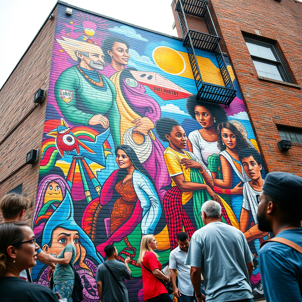 A photorealistic image of a colorful mural on the side of a building in a neighborhood. The mural should depict scenes of community life, local landmarks, and inspiring figures. The lighting should be soft and diffused, highlighting the vibrant colors and intricate details of the artwork. The camera angle should be a low angle, emphasizing the scale and impact of the mural. Include details such as the texture of the brick wall, the brushstrokes of the artist, and the expressions of the people admiring the artwork. The style should be vibrant and contemporary, reflecting the creativity and energy of the neighborhood.