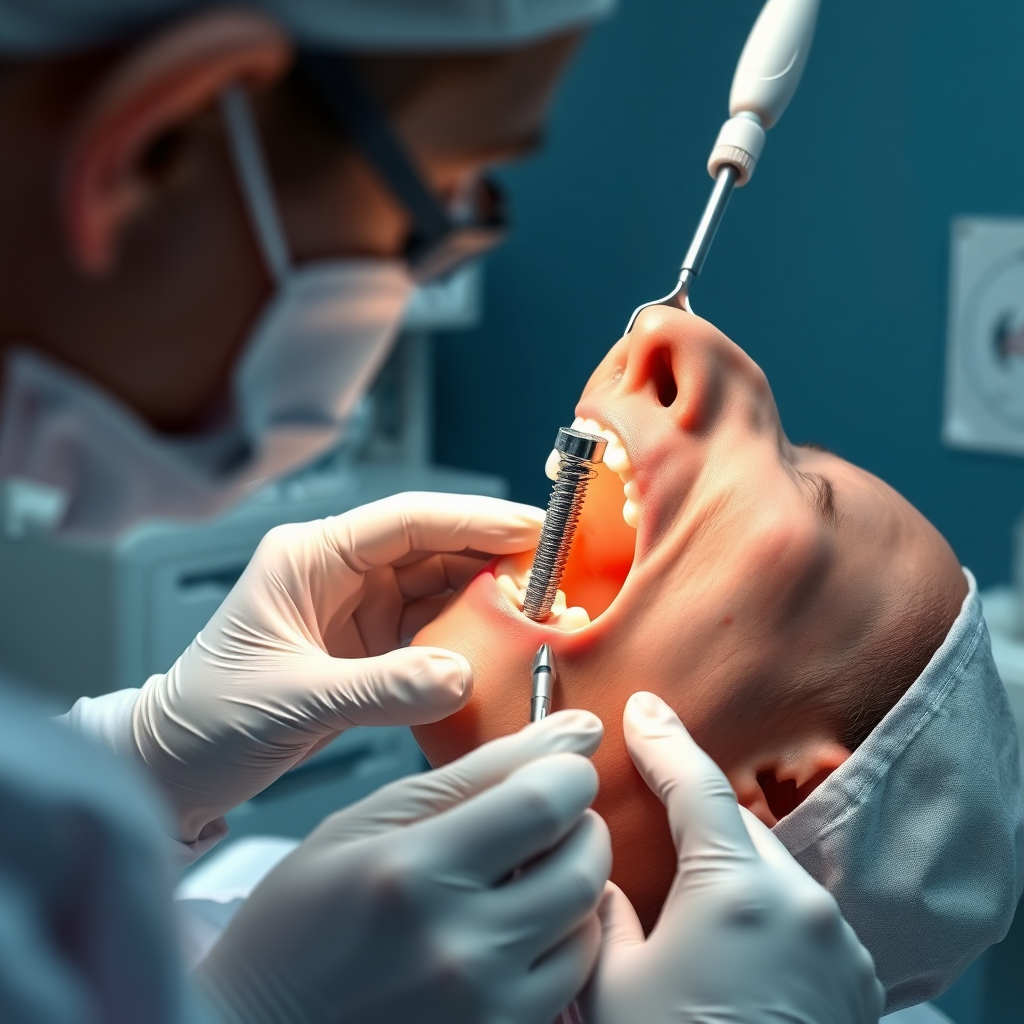 A photorealistic image of a dentist placing a dental implant in a patient's jawbone. The image should show the precision and expertise involved in the procedure. The background should be a sterile and well-equipped dental operating room. Color palette: primarily whites, blues, and metallic tones. Technical specs: 4K resolution, medical illustration, high detail.
