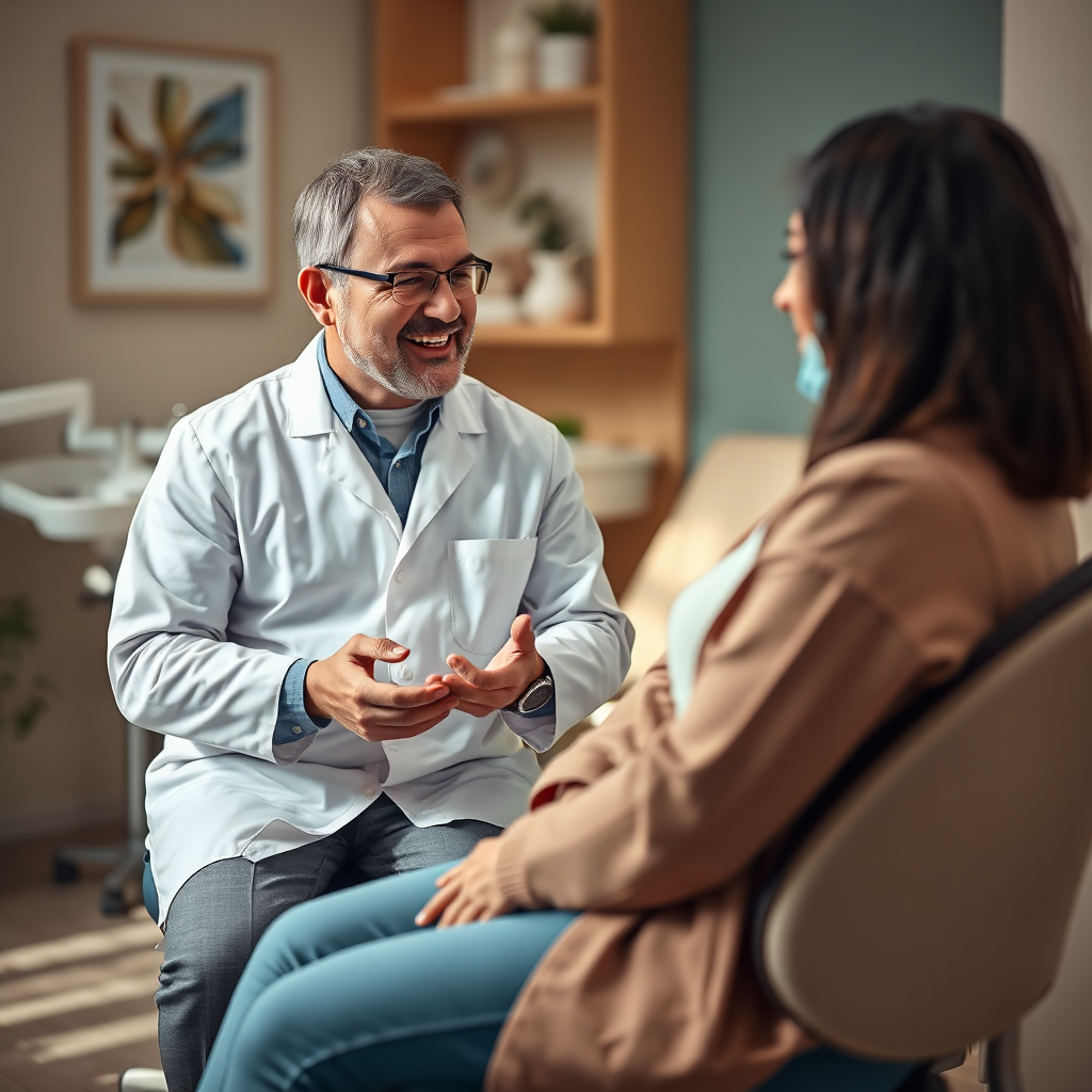 A photorealistic image of a dentist sitting with a patient, discussing their treatment options. The dentist should be listening attentively and providing personalized advice. The patient should appear engaged and comfortable. The background should be a welcoming and relaxing consultation room. Lighting should be soft and natural. Color palette: warm earth tones and soothing blues. Technical specs: 4K resolution, intimate setting, genuine interaction.