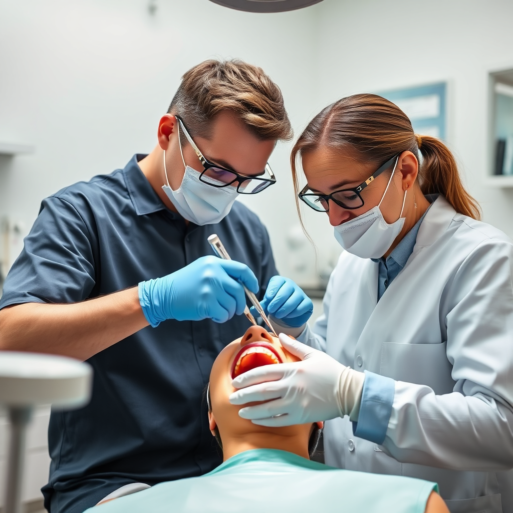 A photorealistic image of a dentist performing a routine dental cleaning on a patient. The scene should be well-lit and show the dentist using professional tools. The patient should appear relaxed and comfortable. Background should be a clean and modern dental office. Color palette: primarily whites, blues, and light greens. Technical specs: 4K resolution, high detail.