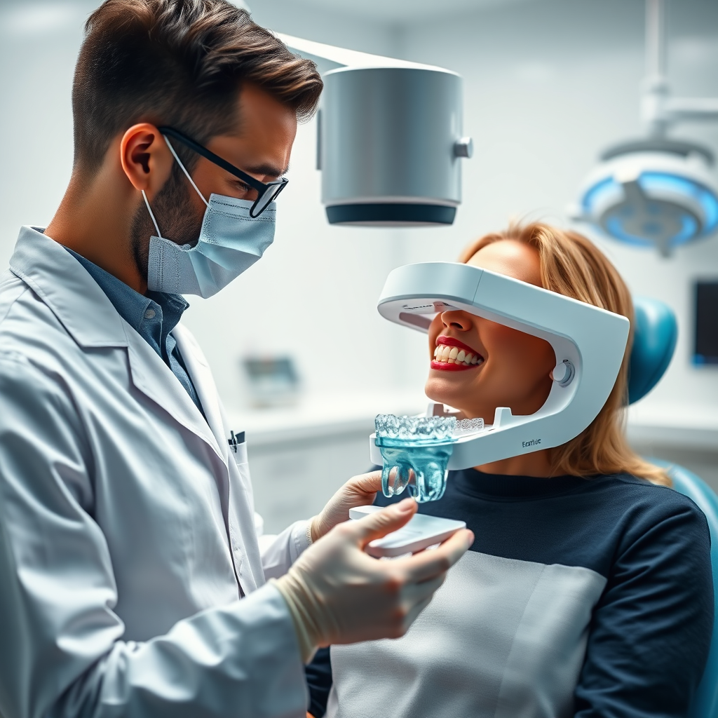 A photorealistic image of a dentist using a modern dental scanner to create a 3D model of a patient's teeth. The scanner should be sleek and technologically advanced. The patient should appear comfortable and relaxed. The background should be a clean and modern dental office. Lighting should be bright and focused. Color palette: blues, whites, and metallic tones. Technical specs: 4K resolution, technology showcase, high detail.
