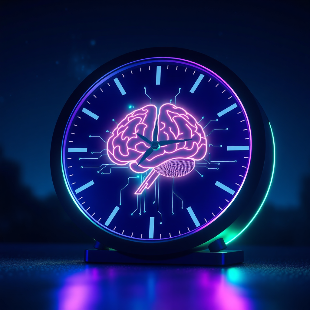 A photorealistic image of a digital clock with a stylized AI brain inside, surrounded by glowing lines representing constant activity. The background is a dark, nighttime sky. Lighting emphasizes the clock and the AI brain. Color palette: dark blues, purples, and bright greens. Camera angle: close-up. Technical specs: 4K, hyperrealistic.