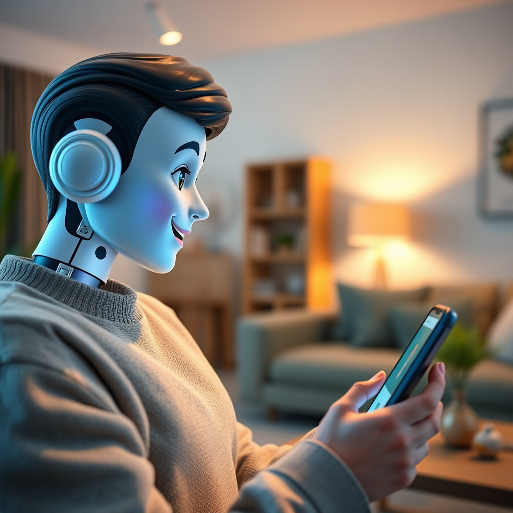A photorealistic image of a friendly AI voice assistant avatar interacting with a customer on a smartphone. The background is a modern living room. Lighting should be warm and inviting. Color palette: blues, greens, and whites. Camera angle: close-up. Technical specs: 4K, realistic rendering.