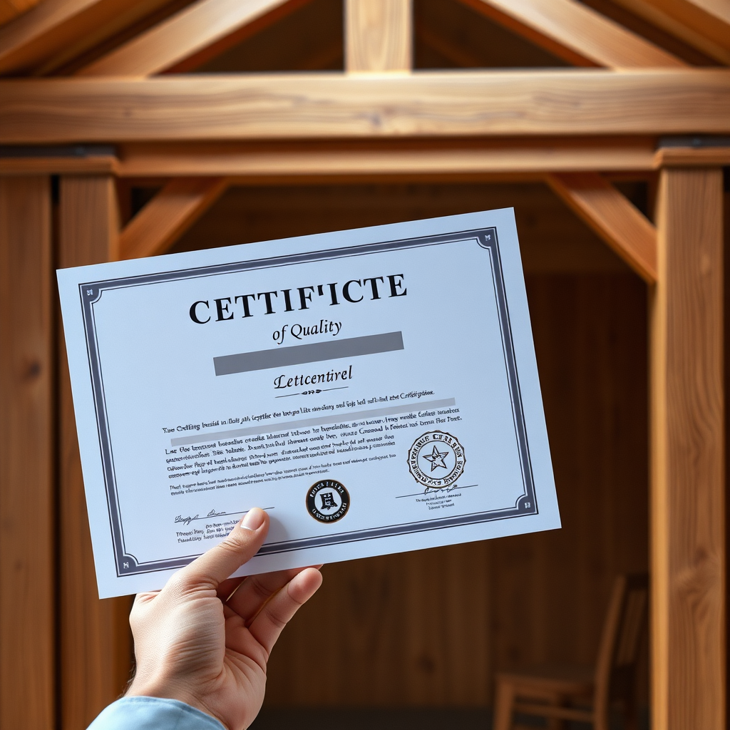 A photorealistic image of a hand holding a certificate of quality against the backdrop of a perfectly crafted wooden structure. The certificate is crisp and clear, with a prominent seal of approval. The lighting should be focused on the hand and the certificate, highlighting their importance. The camera angle should be close-up, capturing the detail of the certificate. The color palette should be professional and trustworthy, with neutral tones dominating the scene. The overall style should evoke a feeling of confidence and reliability.