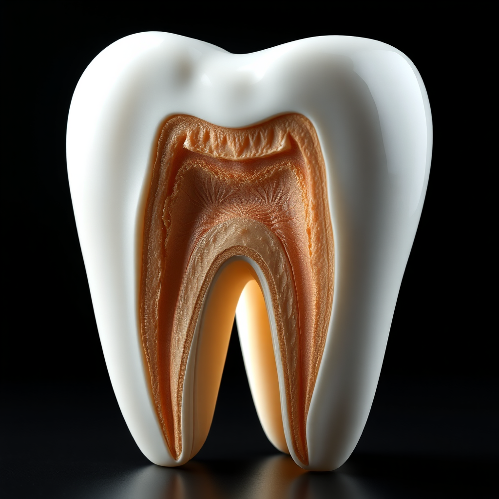 A photorealistic image of a healthy tooth structure, possibly cutaway to show the enamel and dentin layers. Highlight the strength and resilience of the tooth. Use dramatic lighting to create a visually striking image. Background should be dark to emphasize the tooth structure. Color palette: whites, beiges, and browns. Technical specs: 4K resolution, anatomical detail, dramatic lighting.