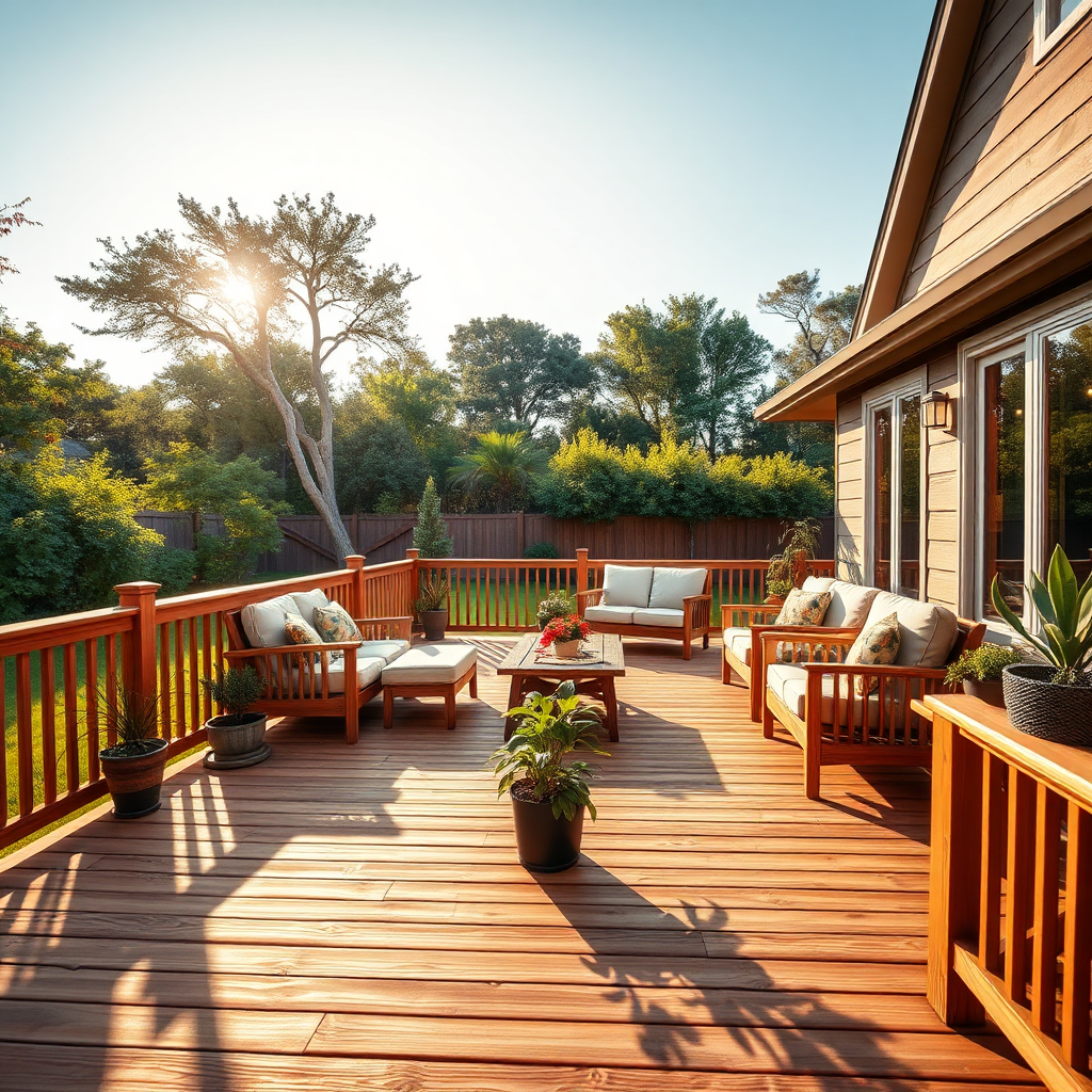A photorealistic image of a newly built wooden deck extending from a cozy home into a lush green backyard. The deck is furnished with comfortable outdoor furniture and potted plants. The scene is set during a warm, sunny afternoon with soft, golden lighting. The camera angle should be slightly elevated, capturing the entire deck and its surroundings in a wide shot. The color palette should be vibrant and cheerful, emphasizing the joy and relaxation of outdoor living.