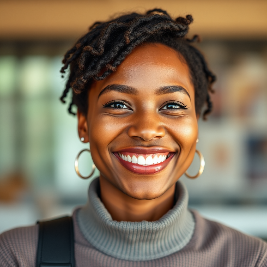 A photorealistic image of a person with a radiant, confident smile. The person should be smiling genuinely and appear happy and self-assured. Use soft, flattering lighting to enhance the beauty of the smile. Background should be blurred to keep the focus on the smile. Color palette: warm earth tones and bright colors. Technical specs: 4K resolution, portrait photography, genuine emotion.