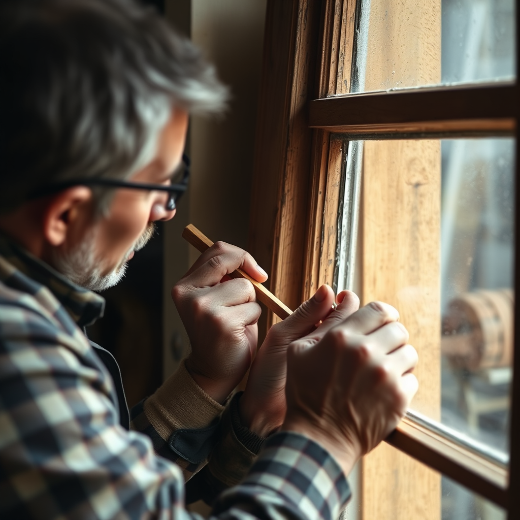 A photorealistic image of a skilled carpenter carefully restoring an antique wooden window frame. The carpenter is using traditional tools and techniques to repair the damaged wood, preserving its original character and charm. The lighting should be soft and diffused, highlighting the craftsmanship involved. The camera angle should be close-up, capturing the detail of the restoration work. The color palette should be warm and inviting, with natural wood tones dominating the scene. The overall style should evoke a feeling of history and preservation.