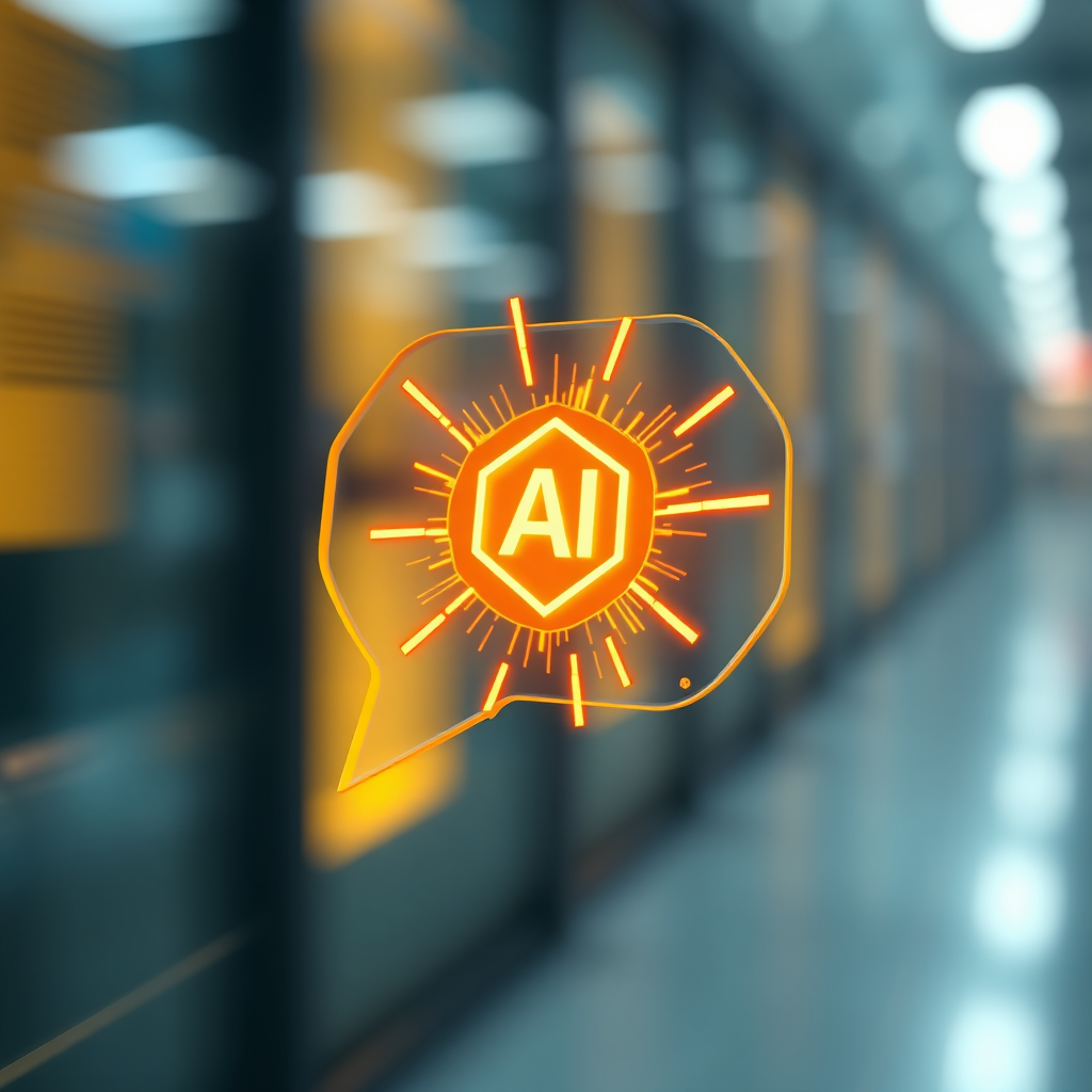 A photorealistic image of a speech bubble with an AI icon inside, bursting with light and energy. The background is blurred and dynamic, representing quick responses. Lighting should highlight the speech bubble. Color palette: vibrant yellows, oranges, and blues. Camera angle: dynamic, slightly tilted. Technical specs: 4K, high quality.