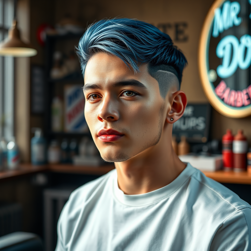 A photorealistic image of a stylish young man sporting a modern haircut in Mr. Do's Barbershop. The haircut should be trendy and well-executed. Lighting: natural and flattering, highlighting the features of the model and the details of the haircut. Style: modern and fashionable, emphasizing the contemporary style of the cut. Color palette: cool and vibrant, with a focus on showcasing the hair color and texture. 4k resolution.