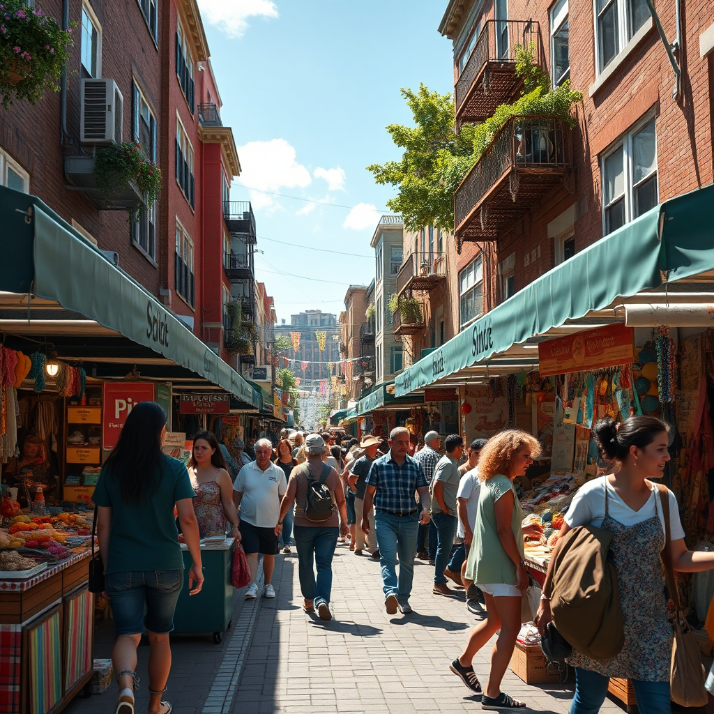 A photorealistic image of a vibrant street fair in a bustling neighborhood. The scene should be filled with colorful vendor booths, local artisans displaying their crafts, and happy people browsing the wares. The lighting should be bright and sunny, creating a festive atmosphere. Capture the energy and excitement of the event, showcasing the unique character of the neighborhood. The camera angle should be a wide shot, capturing the entire scene and drawing the viewer in. Hyperrealistic details on the people and objects should be included to add depth and realism.