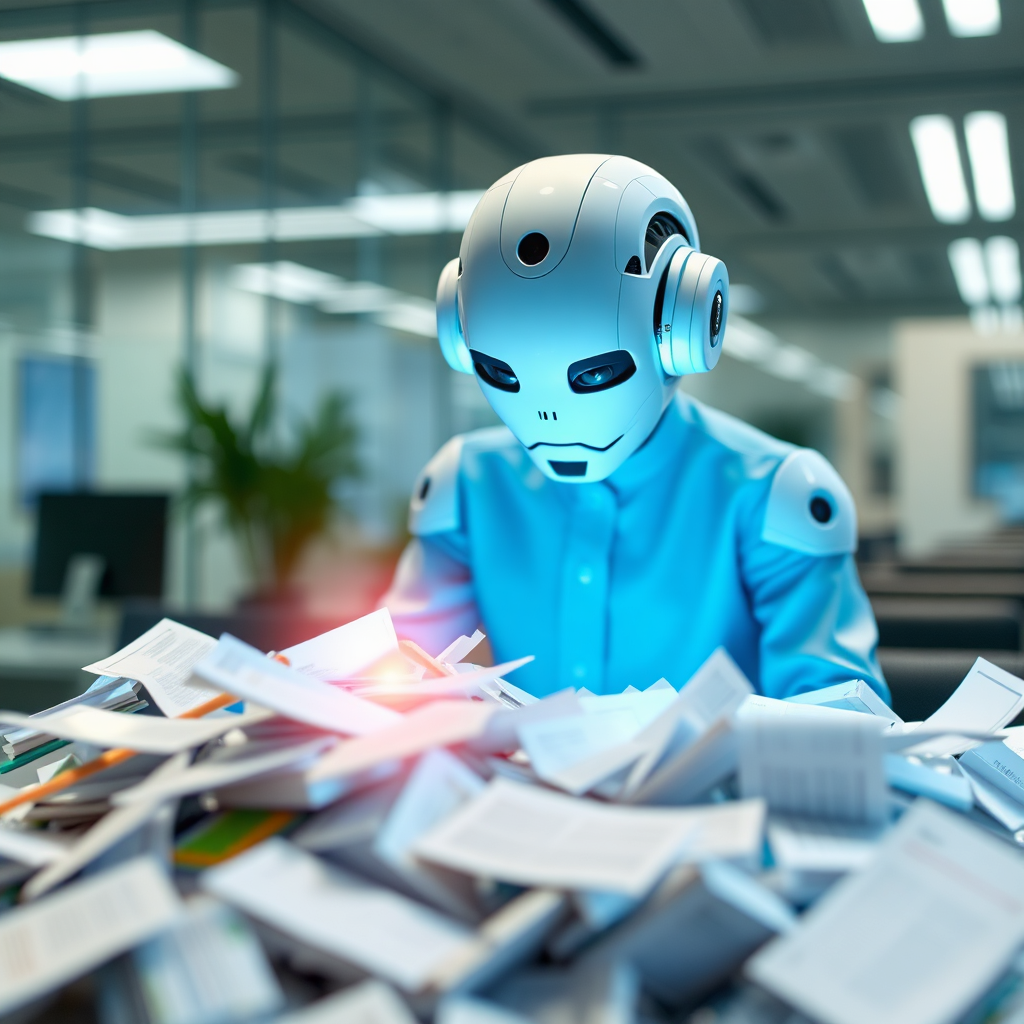 A photorealistic image of an AI agent icon sifting through a pile of leads, highlighting the qualified ones with a glowing light. The background is a modern office. Lighting should be focused and precise. Color palette: blues, greens, and whites. Camera angle: close-up. Technical specs: 4K, sharp focus.