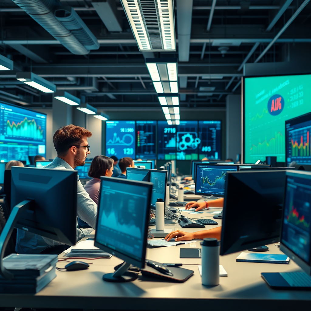 A photorealistic image of employees working efficiently at their desks, with data visualizations displayed on their screens. The lighting is bright and energetic, creating a sense of productivity. Style: Energetic office environment.