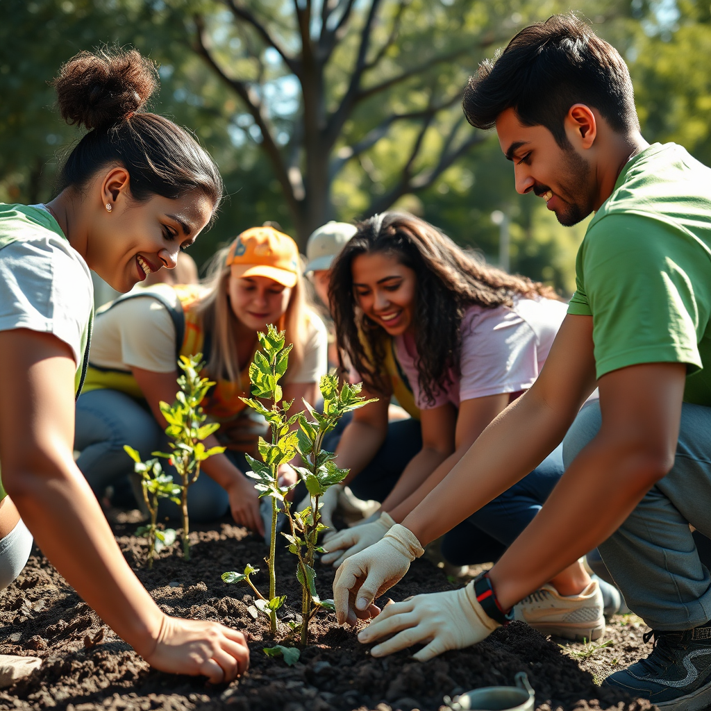 A photorealistic image of volunteers working together on a community project. They could be planting trees, cleaning up a park, or painting a mural. The lighting should be bright and natural, capturing the energy and enthusiasm of the volunteers. Focus on the positive impact they are making and the sense of shared purpose. The camera angle should be a medium shot, focusing on the faces of the volunteers and the work they are doing. Hyperrealistic details on the faces and clothing.