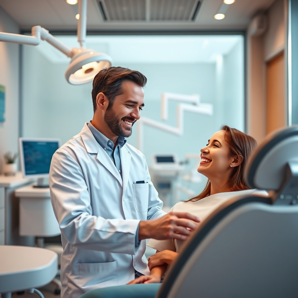 A photorealistic image representing a modern dental clinic interior. The scene should depict a friendly dentist interacting with a smiling patient, with state-of-the-art equipment visible in the background. Composition should be balanced, showcasing the professional yet welcoming atmosphere. Lighting should be warm and inviting, using natural light where possible. The color palette should be calming, with blues, greens, and whites dominating. The camera angle should be slightly wide, capturing the entire scene. Pay attention to detail, ensuring the equipment looks realistic and the environment is clean. Style reference: professional dental magazine photography. Technical specs: 4K resolution, high quality, slightly soft focus.