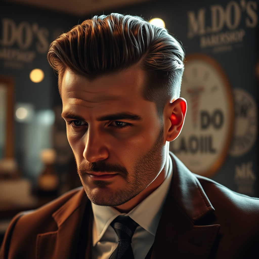 A photorealistic image showcasing a sophisticated gentleman with a perfectly executed classic haircut at Mr. Do's Barbershop. Impeccably styled and exuding confidence. Lighting: warm and flattering, accentuating the mature sophistication. Style: timeless and elegant, showcasing the essence of classic barbering. Color palette: rich and warm, with focus on texture and detail. 4k resolution.