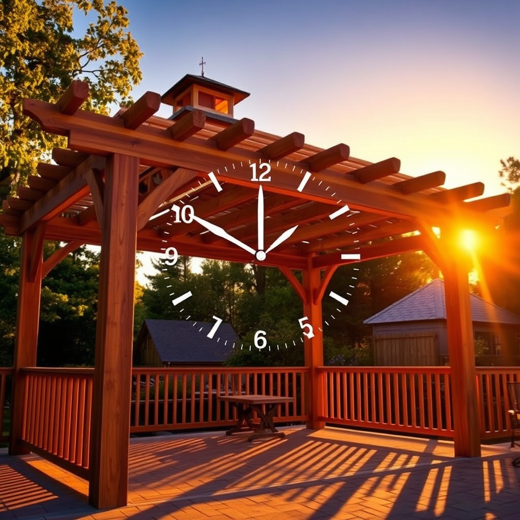 A photorealistic image showing a completed wooden structure, such as a gazebo or pergola, bathed in the warm light of a setting sun. A subtle, almost invisible clock overlayed on the scene, symbolizing on-time project completion. The camera angle should be wide, showcasing the entire structure and its surroundings. The color palette should be warm and inviting, with golden tones dominating the scene. The overall style should evoke a feeling of accomplishment and satisfaction.