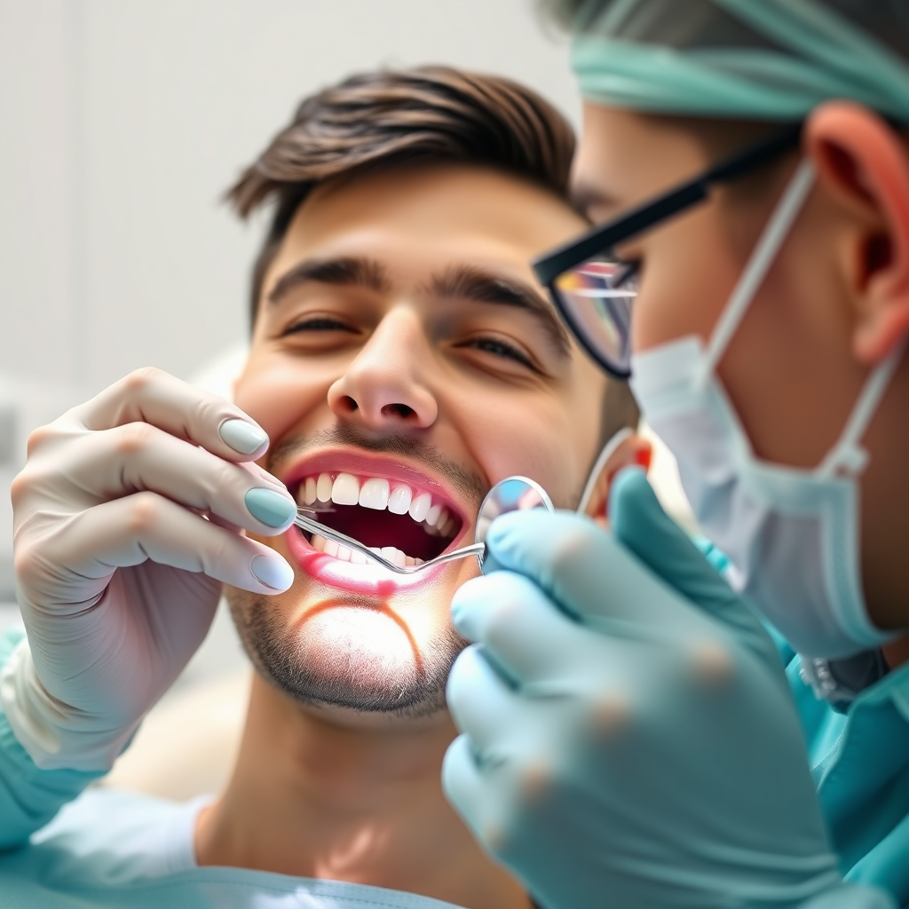 A photorealistic image showing a dentist gently examining a patient's teeth with a dental mirror. Focus on the interaction and the precision of the examination. Soft, diffused lighting to highlight the teeth and the dentist's tools. Background should be a clean dental office setting. Use a shallow depth of field to keep the focus on the dentist and patient. Color palette: primarily whites, blues, and light greens. Technical specs: 4K resolution, hyperrealistic rendering.