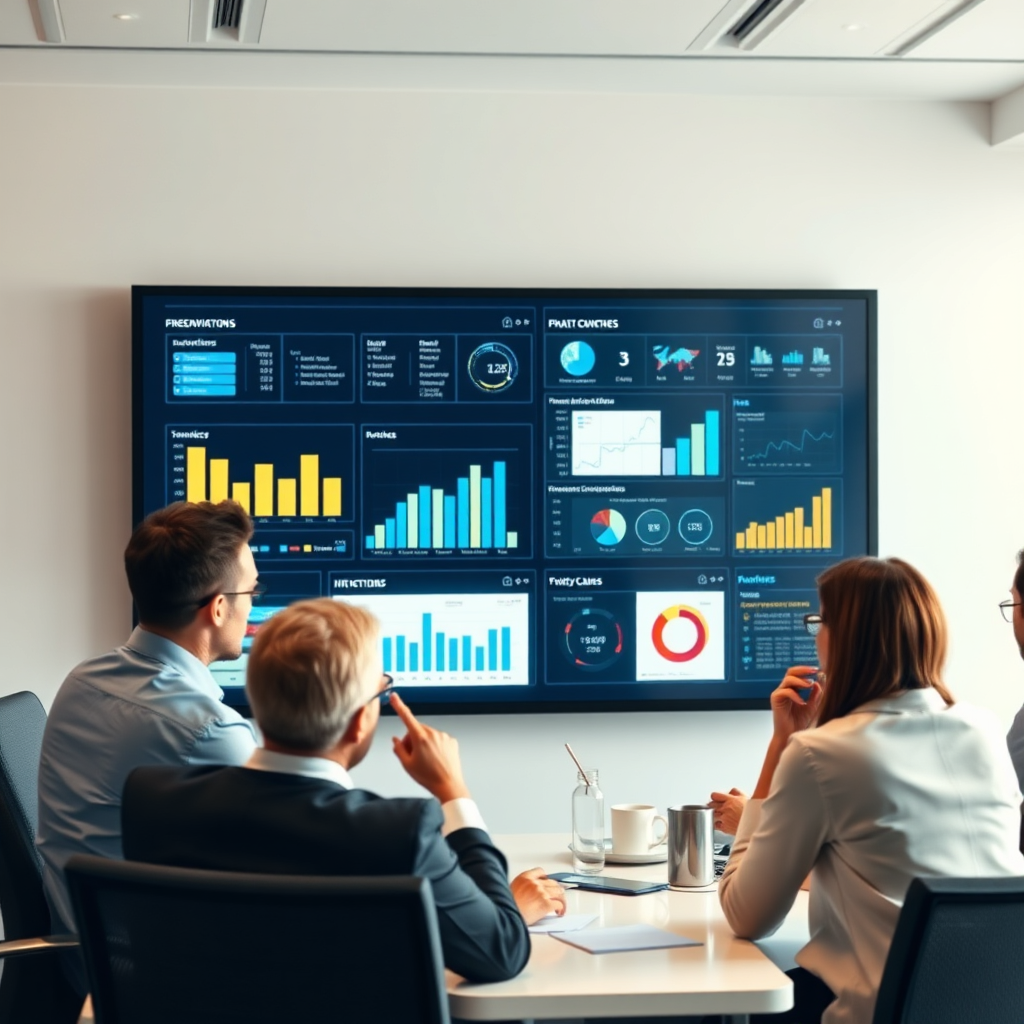 A photorealistic image showing business executives gathered around a large interactive display, analyzing data visualizations and charts related to strategic planning. The lighting is soft and professional, creating a collaborative atmosphere. Style: Modern corporate boardroom setting.