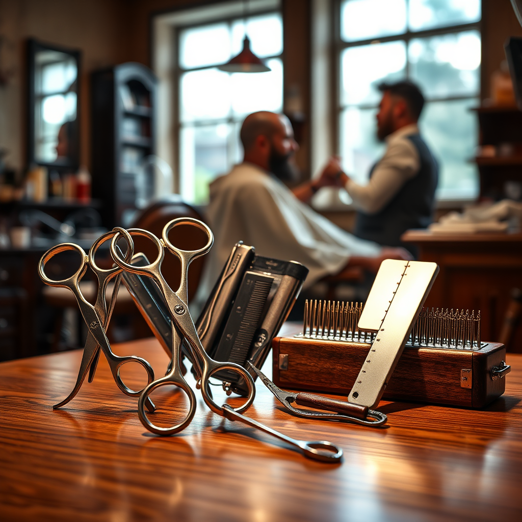 A photorealistic, ultra-high quality 8K image of a classic barbershop setting. Focus on a set of meticulously crafted barber tools (scissors, razors, combs) elegantly arranged on a clean, polished wooden surface. The tools should appear brand new and gleaming. Soft, diffused lighting from a nearby window casts gentle highlights, showcasing the textures of the wood and metal. In the background, subtly blurred, a barber is interacting positively with a customer, reflecting great Customer Service. Color palette is warm and inviting, with browns, creams, and metallic accents. Camera angle is a medium close-up, capturing the details of the tools and the ambiance of the shop. Hyperrealistic style, resembling a professional product advertisement photograph.