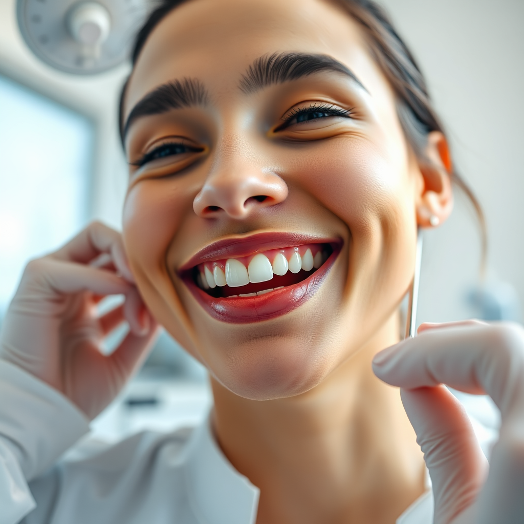 A photorealistic, ultra-high quality header image showcasing a radiant, healthy smile. The subject should be a person smiling genuinely, with perfect teeth subtly highlighted. The composition should be a close-up shot, focusing on the smile and the surrounding facial features. Lighting should be soft and natural, creating a warm and inviting atmosphere. The color palette should be clean and bright, with whites, blues, and soft pastels dominating. The camera angle should be slightly low, emphasizing the beauty and confidence of the smile. Pay attention to texture details, such as skin pores and lip texture. The environment should be a clean, modern dental office setting, subtly blurred in the background. Props could include a dentist's hand gently adjusting the lighting, out of focus. Style reference: Capture the essence of a Colgate commercial. Technical specs: 8K resolution, hyperrealistic rendering, depth of field.