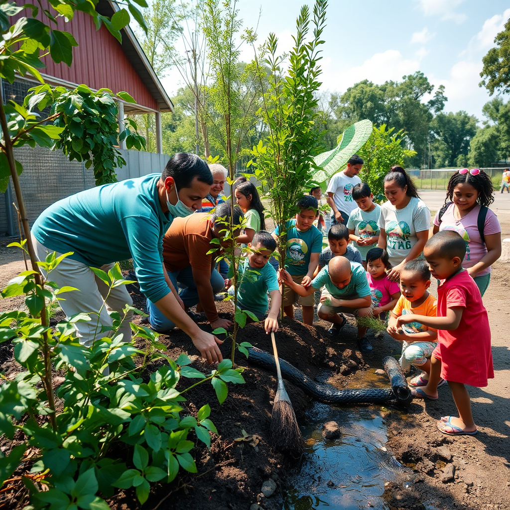 A powerful image depicting a group of people working together on a local initiative, such as planting trees, cleaning up a river, or building a playground. The scene should be inspiring and hopeful, with natural lighting and vibrant colors. Focus on capturing the impact of the initiative, with details like the green foliage, the clean water, and the happy children. The camera angle should be slightly elevated, providing a wide view of the scene. Style: Activism photography.