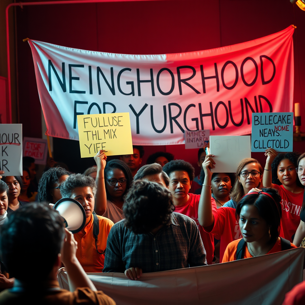A powerful image showing community members advocating for their neighborhood. The scene should capture a sense of unity and determination, with people holding signs, speaking at a meeting, or participating in a peaceful demonstration. Use a color palette that conveys strength and solidarity, such as reds and oranges. Include elements such as banners, megaphones, and determined faces. The lighting should be impactful and focused, emphasizing the importance of collective action.