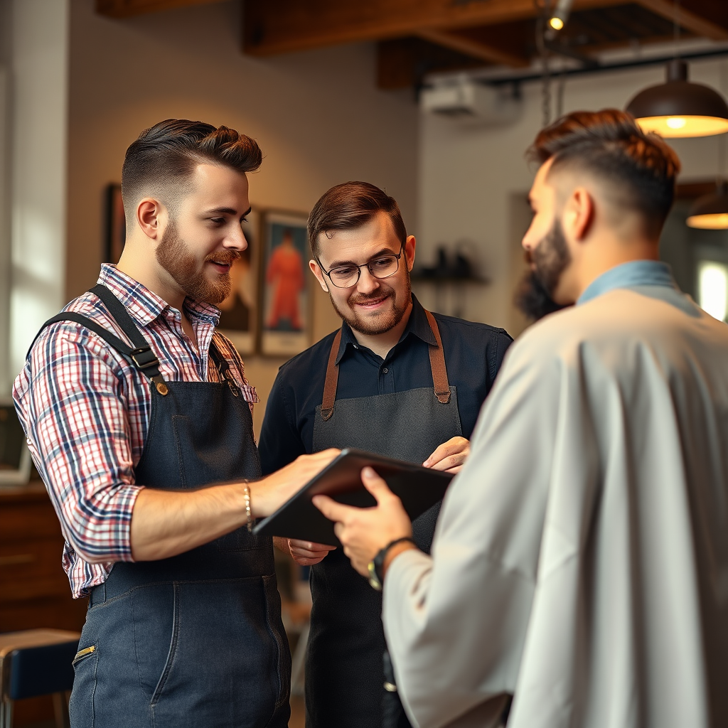 A relaxed, photorealistic scene of a barber consulting with a client, discussing hairstyle options. They are looking at images on a tablet or a style guide. Lighting: natural and inviting, creating a comfortable atmosphere. Style: professional and friendly, emphasizing the personalized service. Color palette: warm and neutral, with accents of color in the background. 4k resolution.