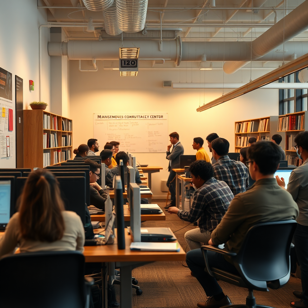 A resource center with people accessing computers, meeting with advisors, and participating in workshops. The atmosphere is supportive and empowering, showcasing opportunities for growth. Use warm lighting and focus on positive interactions. Photorealistic style, 4k resolution.