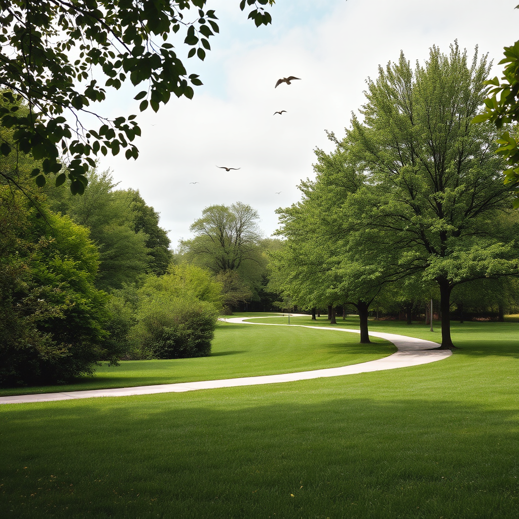 A serene image depicting a scenic park with lush greenery and walking trails. The scene should be peaceful and inviting, with natural lighting and soft colors. Focus on capturing the beauty of nature, with details like the leaves on the trees, the birds in the sky, and the texture of the grass. The camera angle should be slightly low, emphasizing the vastness of the park. Style: Landscape photography.